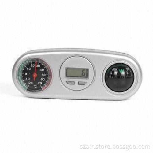 3-in-1 Car Clock, with Compass and Thermometer, Made of Wood Plastic